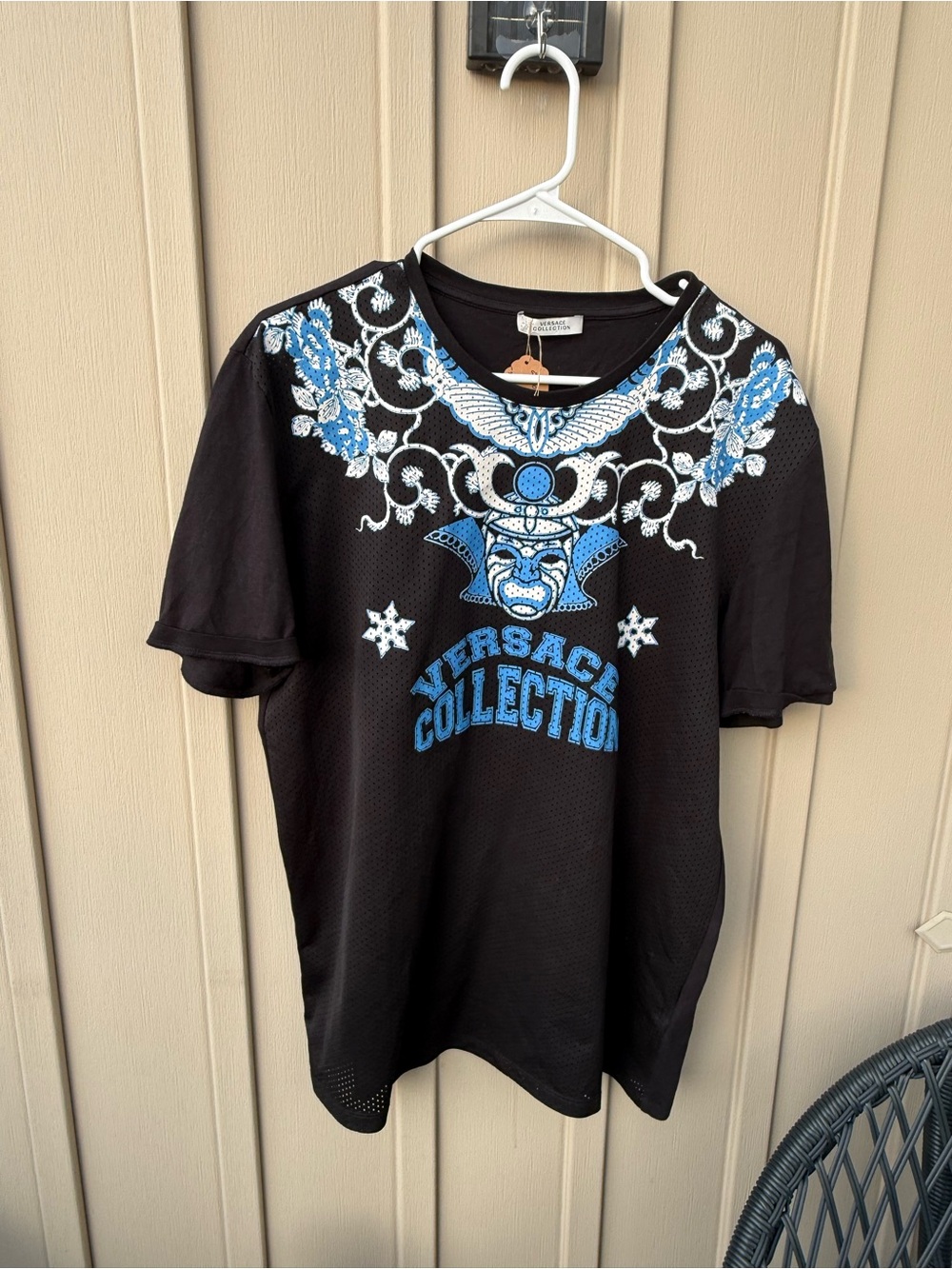 Versace Collection Black Tee with Blue & White Embellishment 2014 Collection